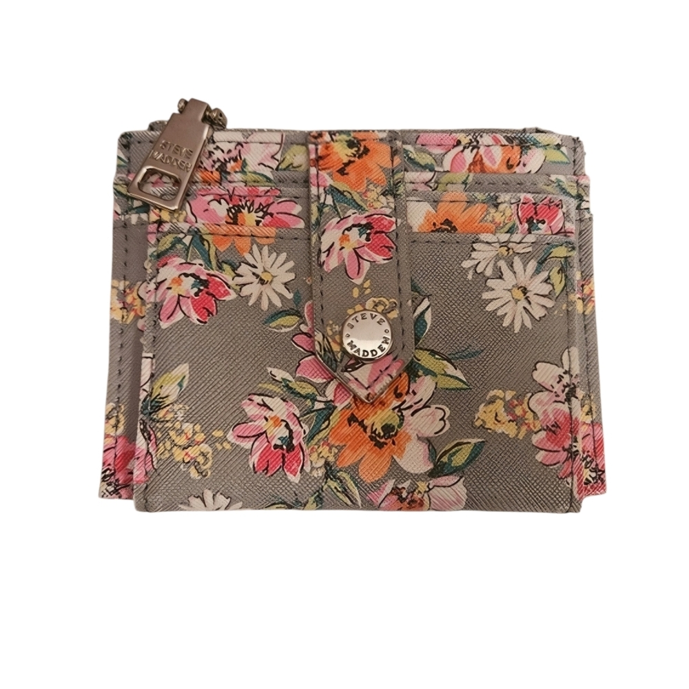 Steve Madden Floral Mini Wallet Gray Snap Closure